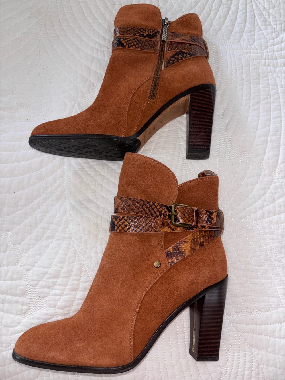 Donald J. Pliner Suede Ankle Boots in Rust with Snake-Print Strap - Picture 3 of 9
